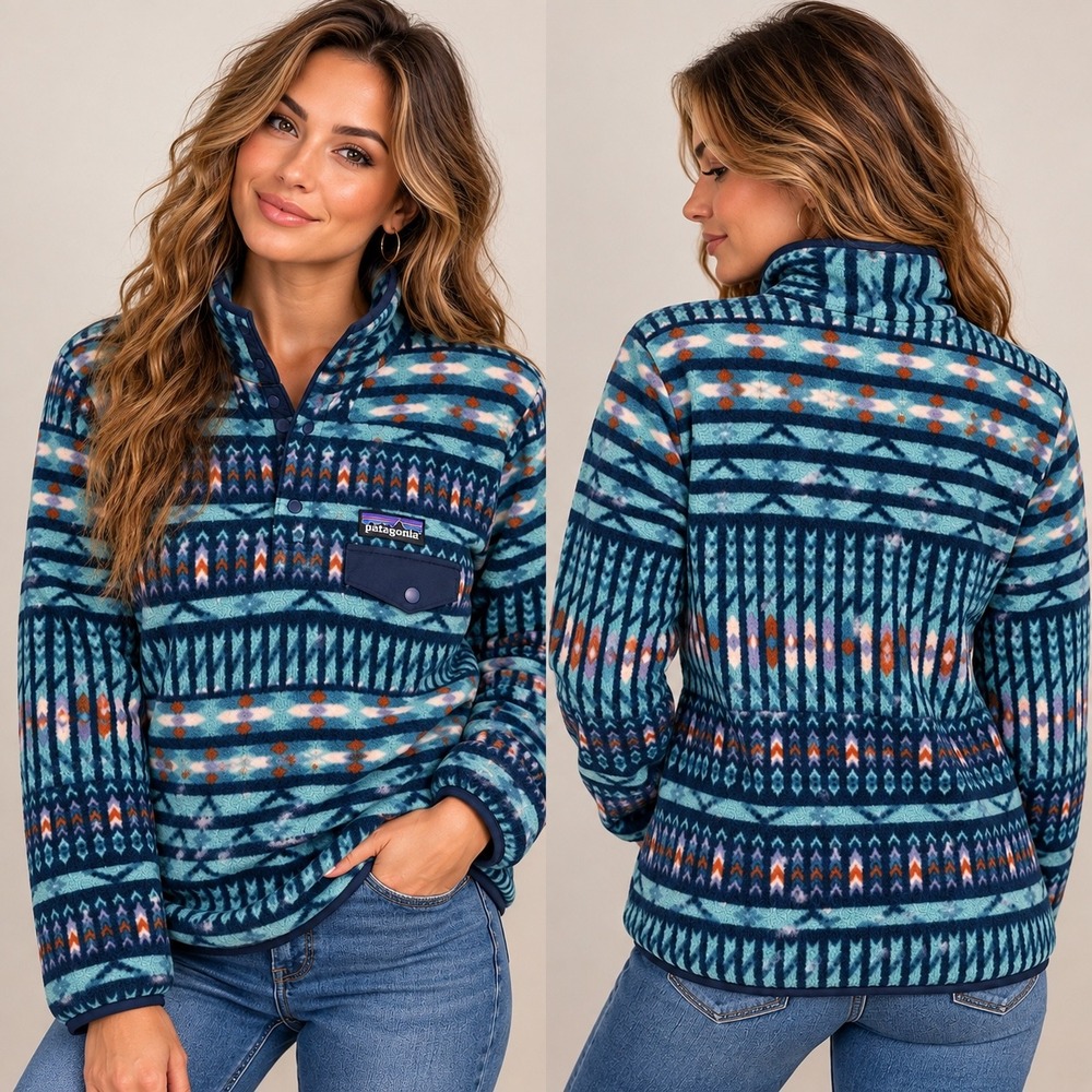 Patagonia Fleece Pullover Synchilla Snap-T Women L Blue Geometric Aztec Pocket